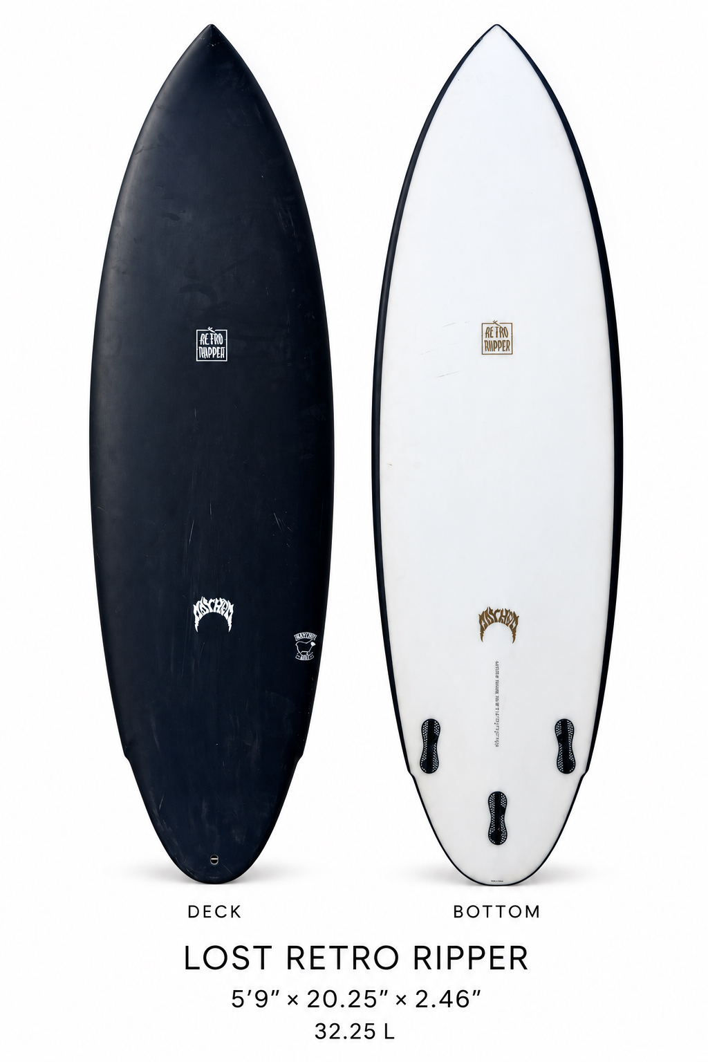 Lost Retro Ripper surfboard rental, 5 ft 9 in, black deck and bottom view
