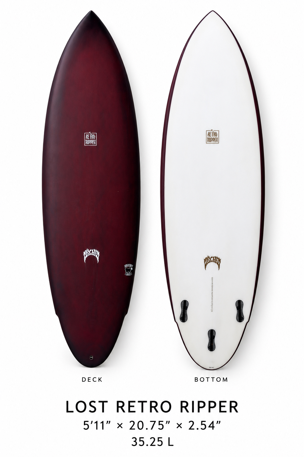 Lost Retro Ripper surfboard rental, 5 ft 11 in, burgundy deck and bottom view