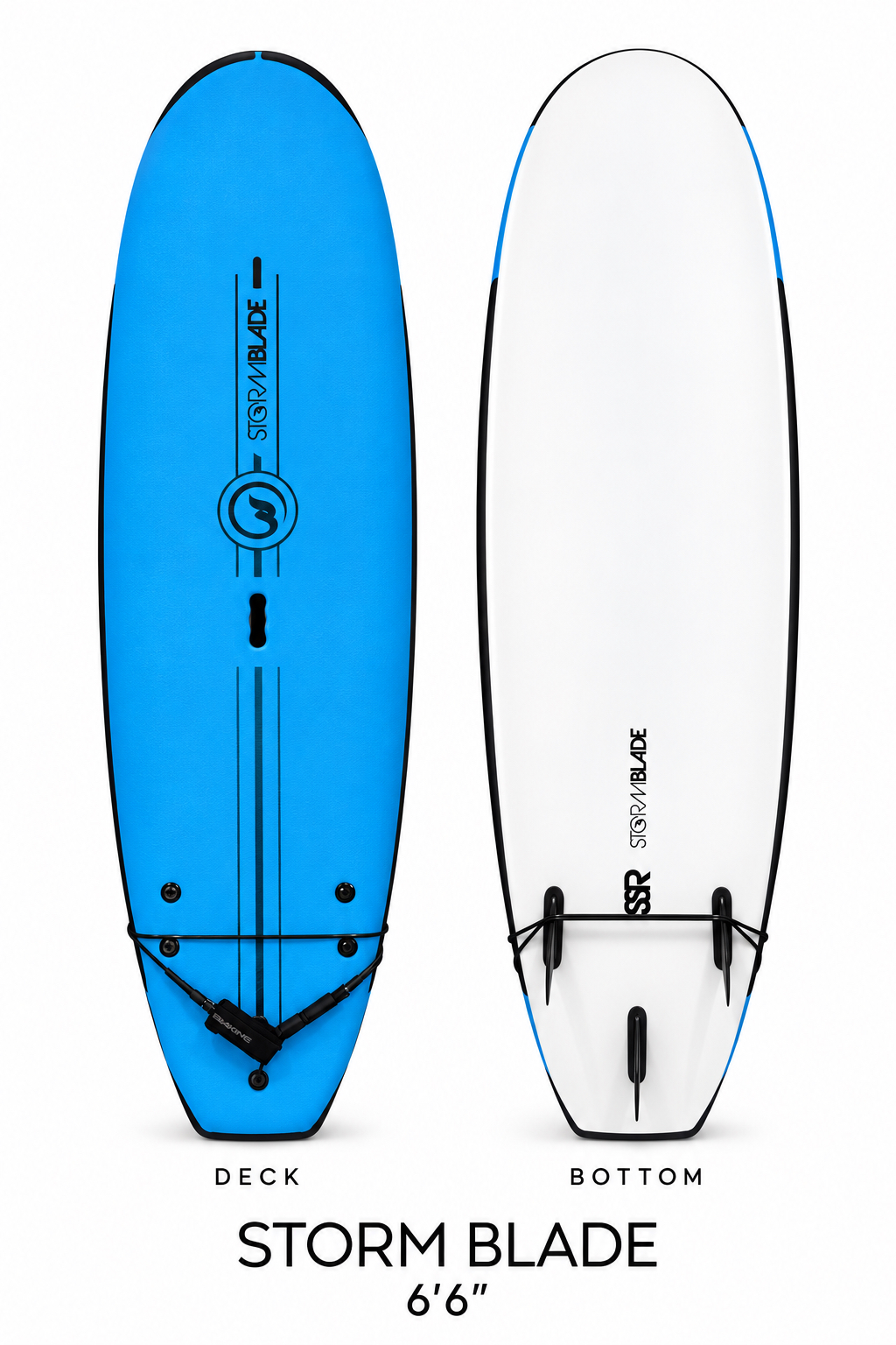 Storm Blade soft top surfboard rental, 6 ft 6 in, blue deck and bottom view