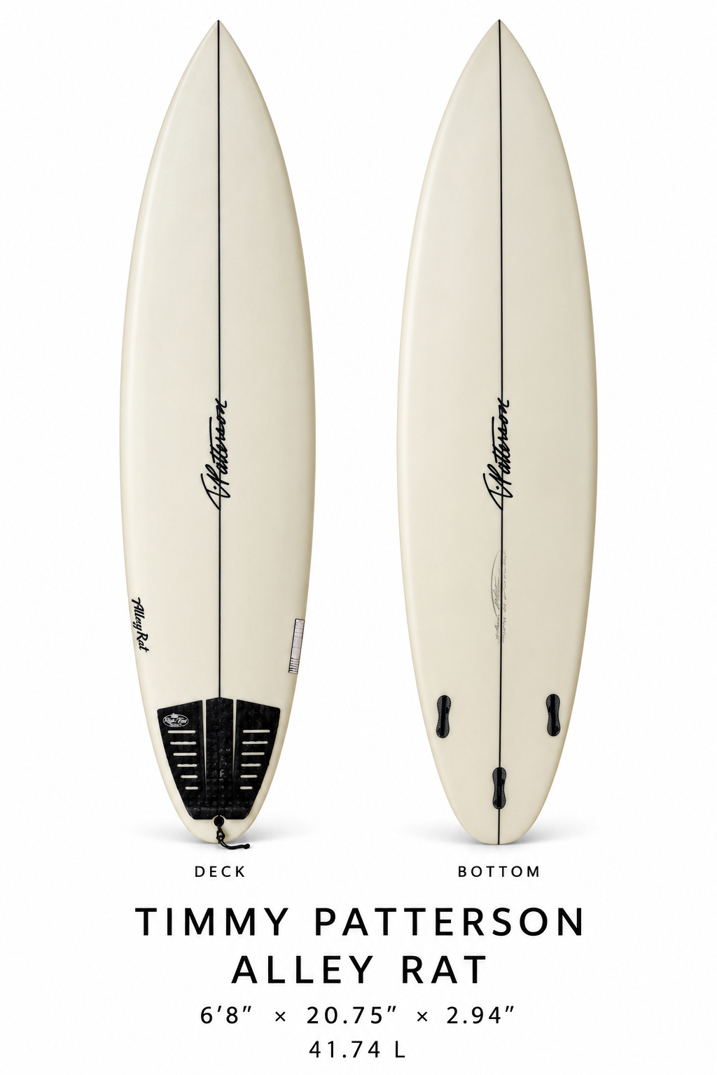 Timmy Patterson Alley Rat surfboard rental, 6 ft 8 in, deck and bottom view