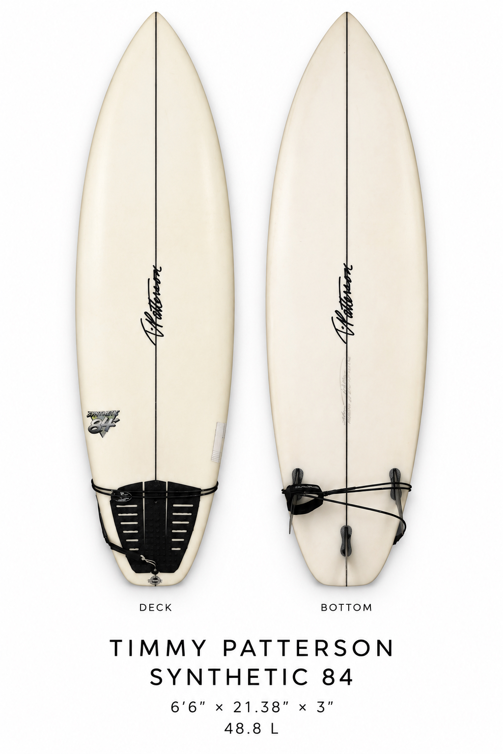 Timmy Patterson Synthetic 84 surfboard rental, 6 ft 6 in, deck and bottom view
