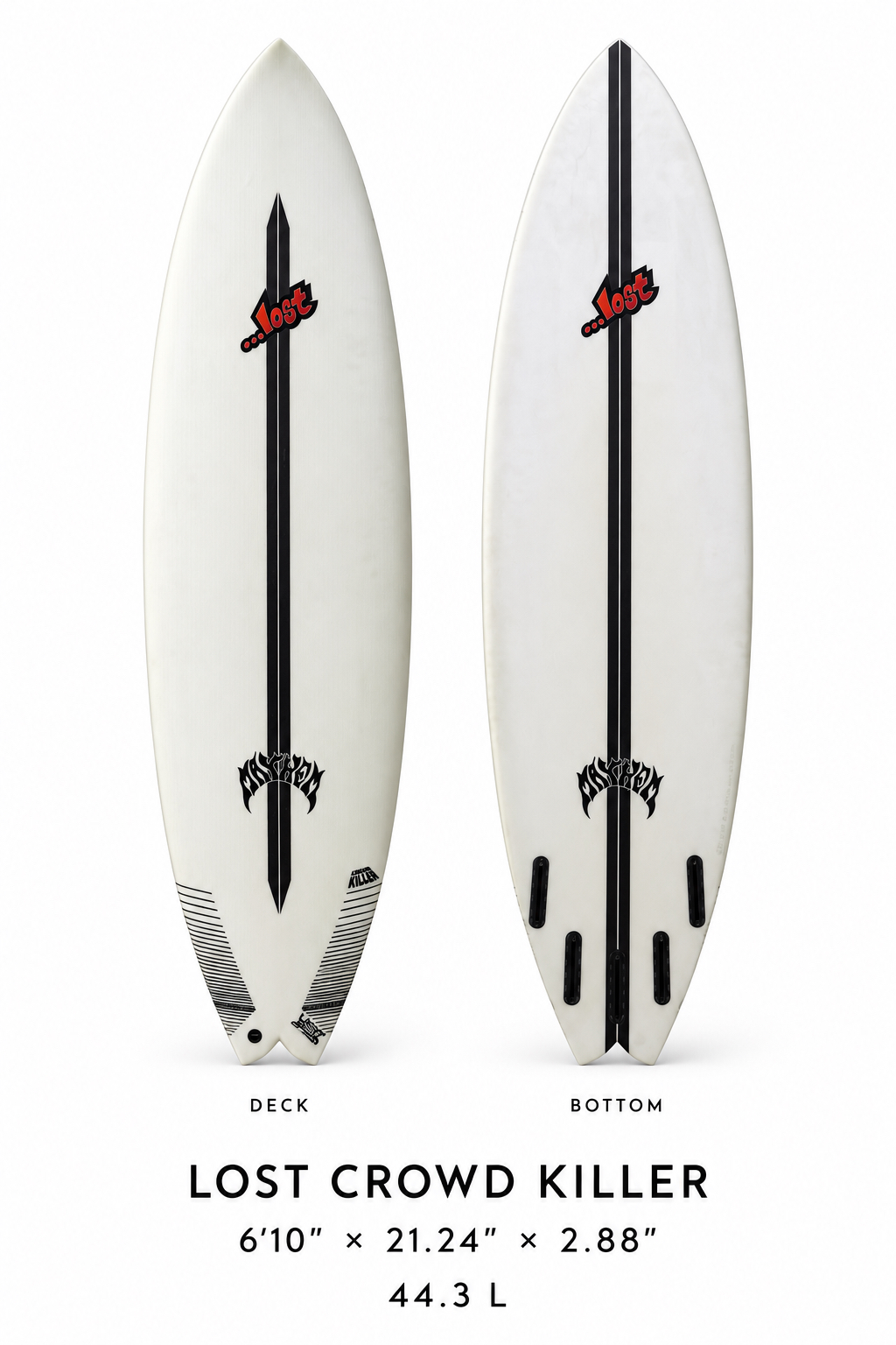 Lost Crowd Killer surfboard rental, 6 ft 10 in, deck and bottom view