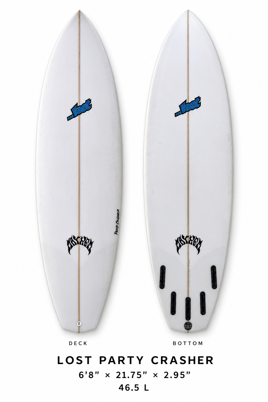 Lost Party Crasher surfboard rental, 6 ft 8 in, deck and bottom view