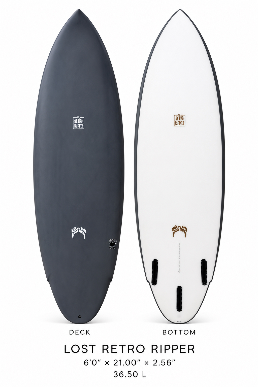 Lost Retro Ripper surfboard rental, 6 ft 0 in, charcoal deck and bottom view