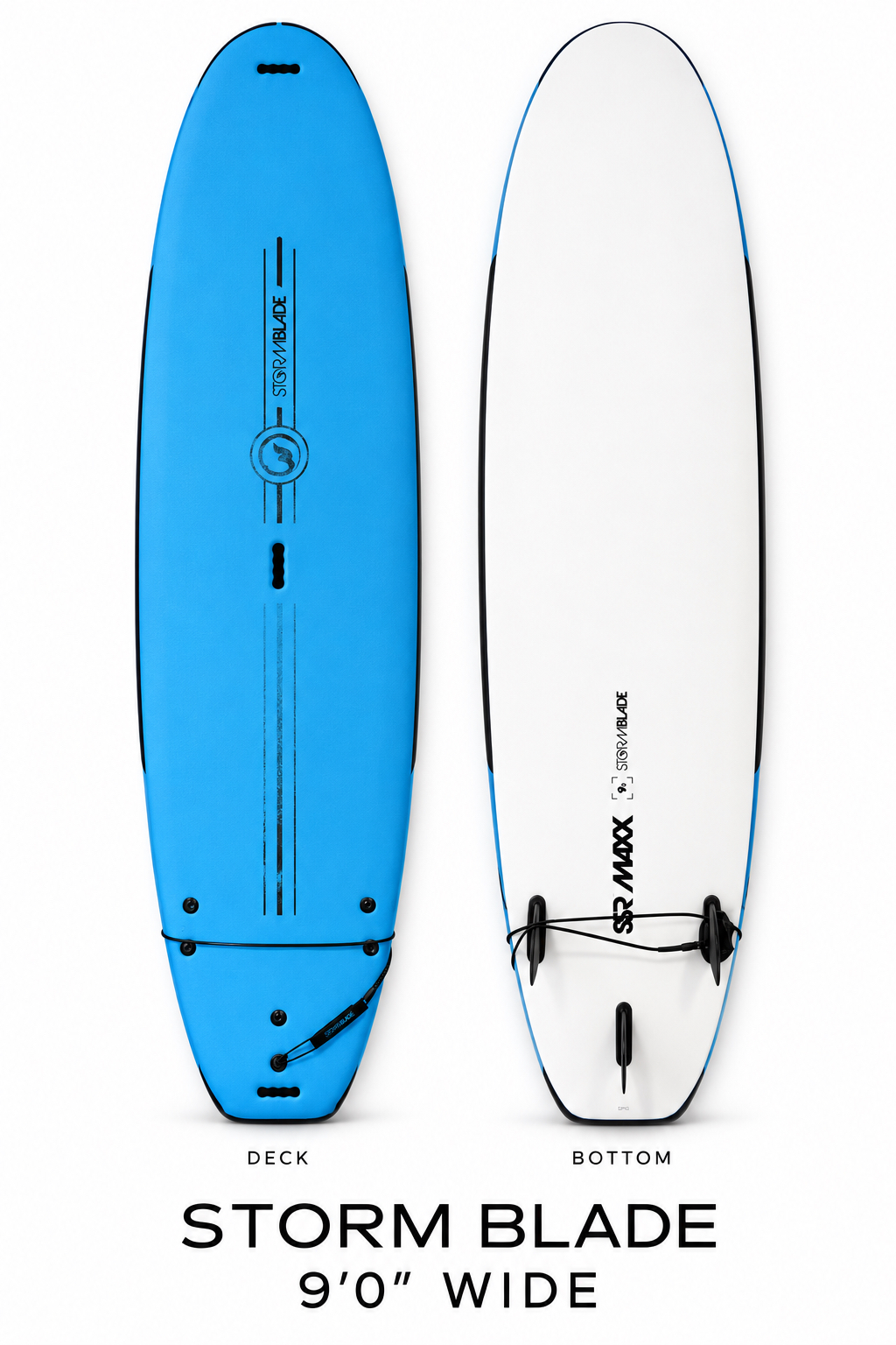 Storm Blade wide soft top surfboard rental, 9 ft 0 in, blue deck and bottom view