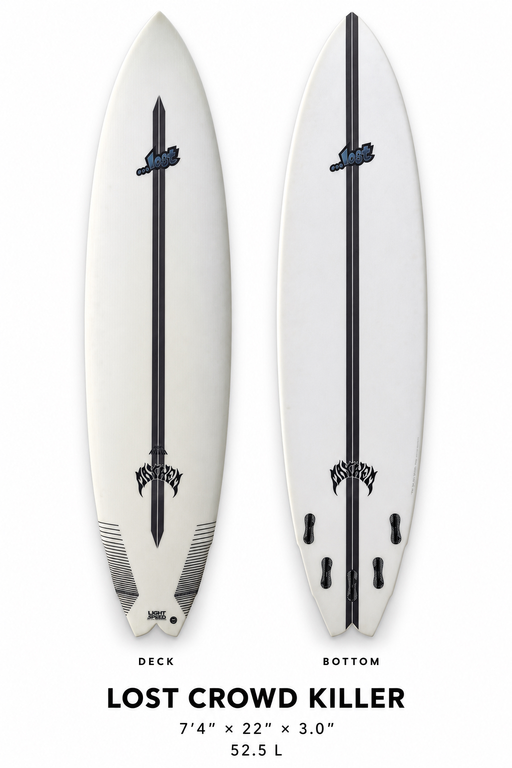Lost Crowd Killer surfboard rental, 7 ft 4 in, deck and bottom view