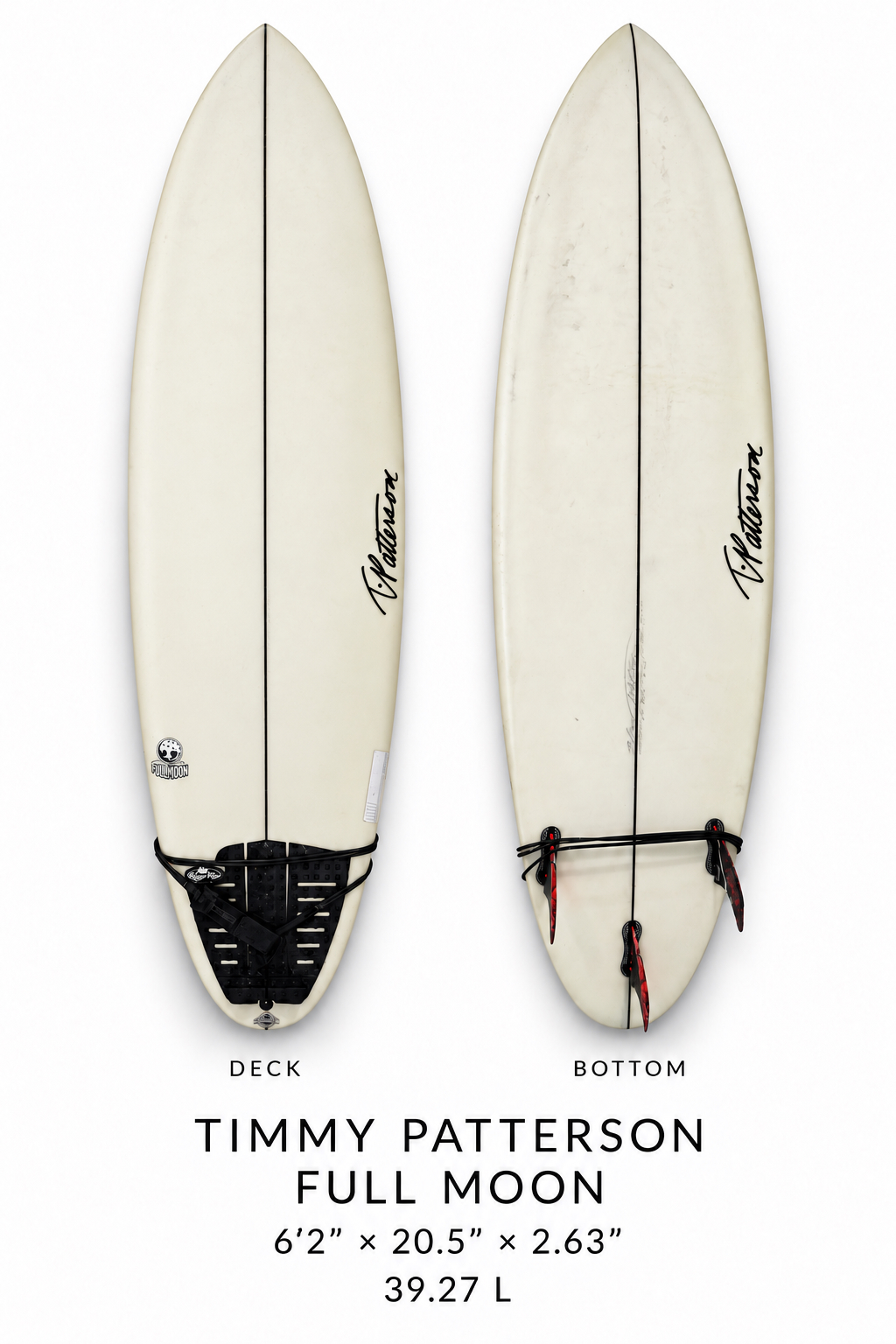 Timmy Patterson Full Moon surfboard rental, 6 ft 2 in, deck and bottom view