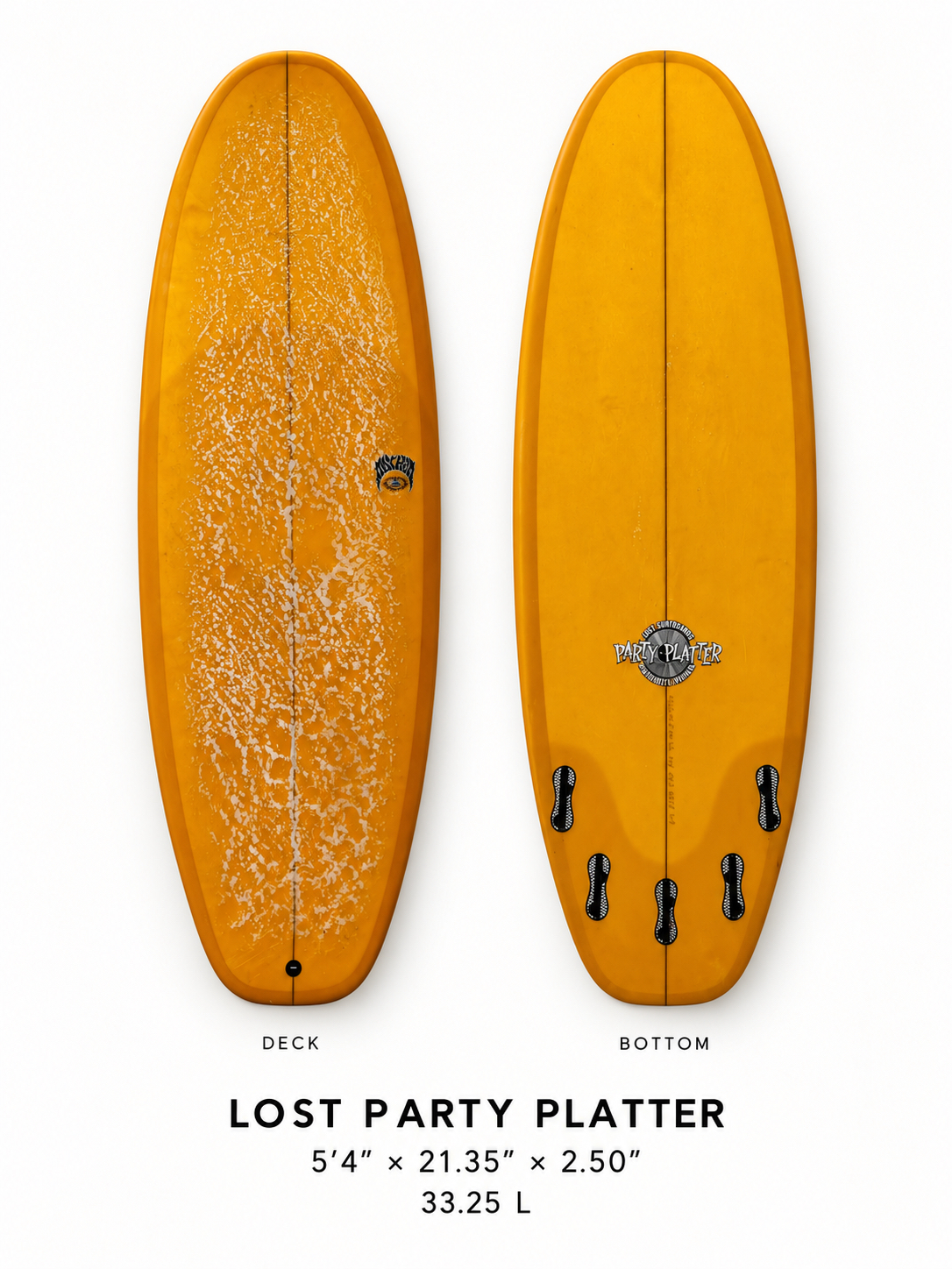 Lost Party Platter surfboard rental, 5 ft 4 in, deck and bottom view