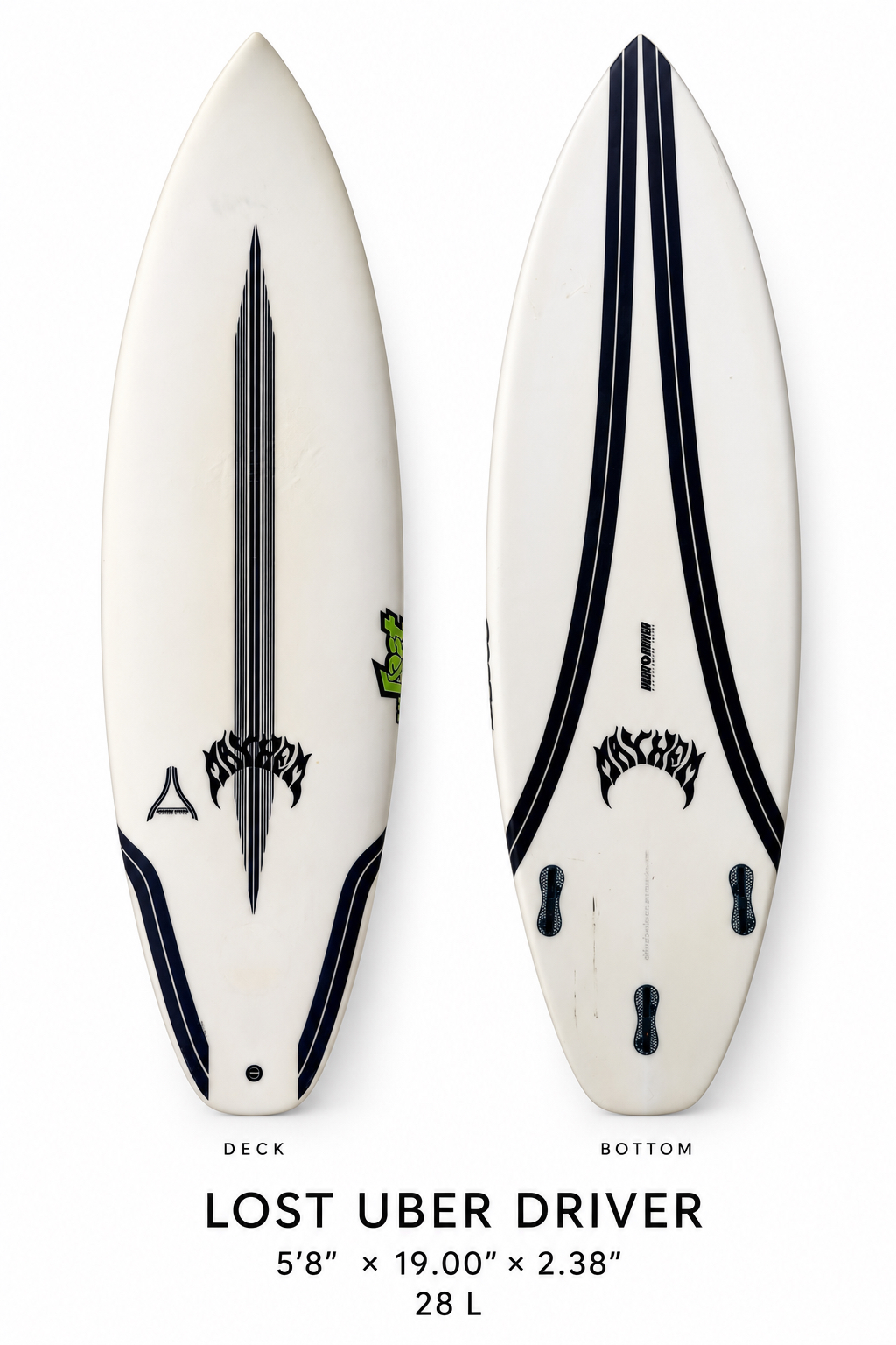 Lost Uber Driver surfboard rental, 5 ft 8 in, deck and bottom view