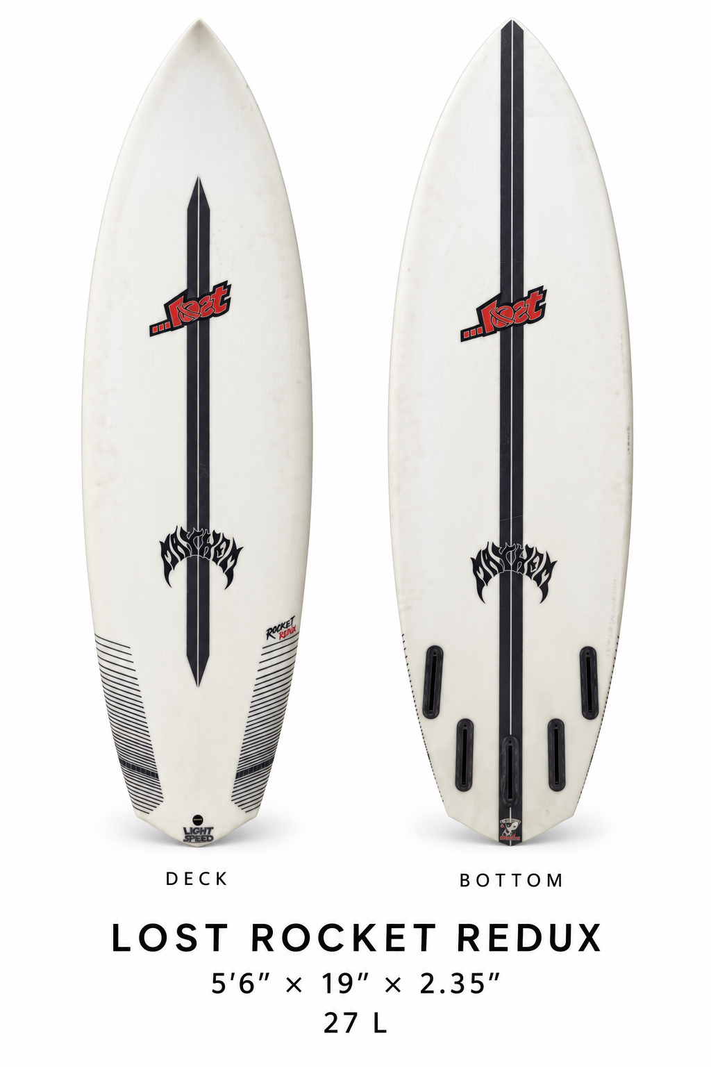 Lost Rocket Redux surfboard rental, 5 ft 6 in, deck and bottom view