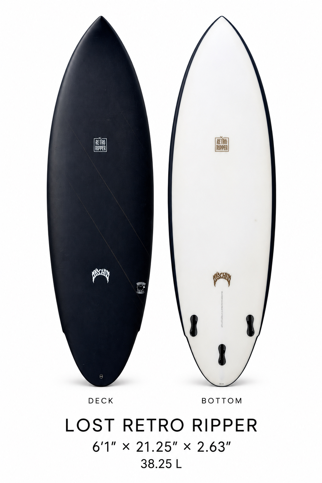 Lost Retro Ripper surfboard rental, 6 ft 1 in, black deck and bottom view