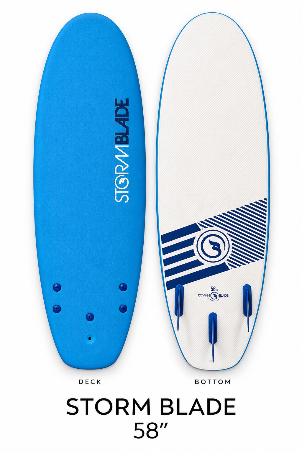 Storm Blade soft top surfboard rental, 58 in, blue deck and bottom view