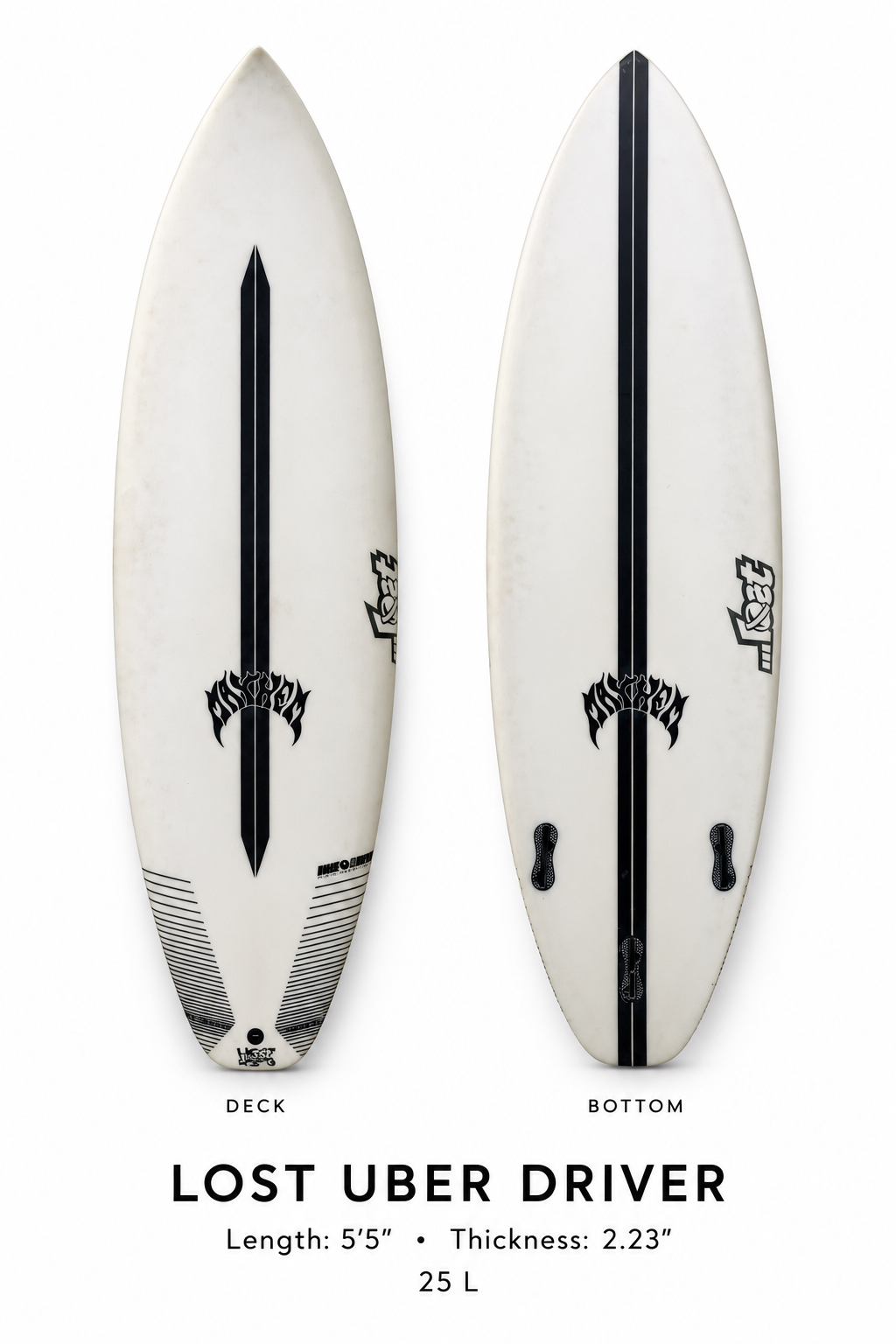 Lost Uber Driver surfboard rental, 5 ft 5 in, deck and bottom view
