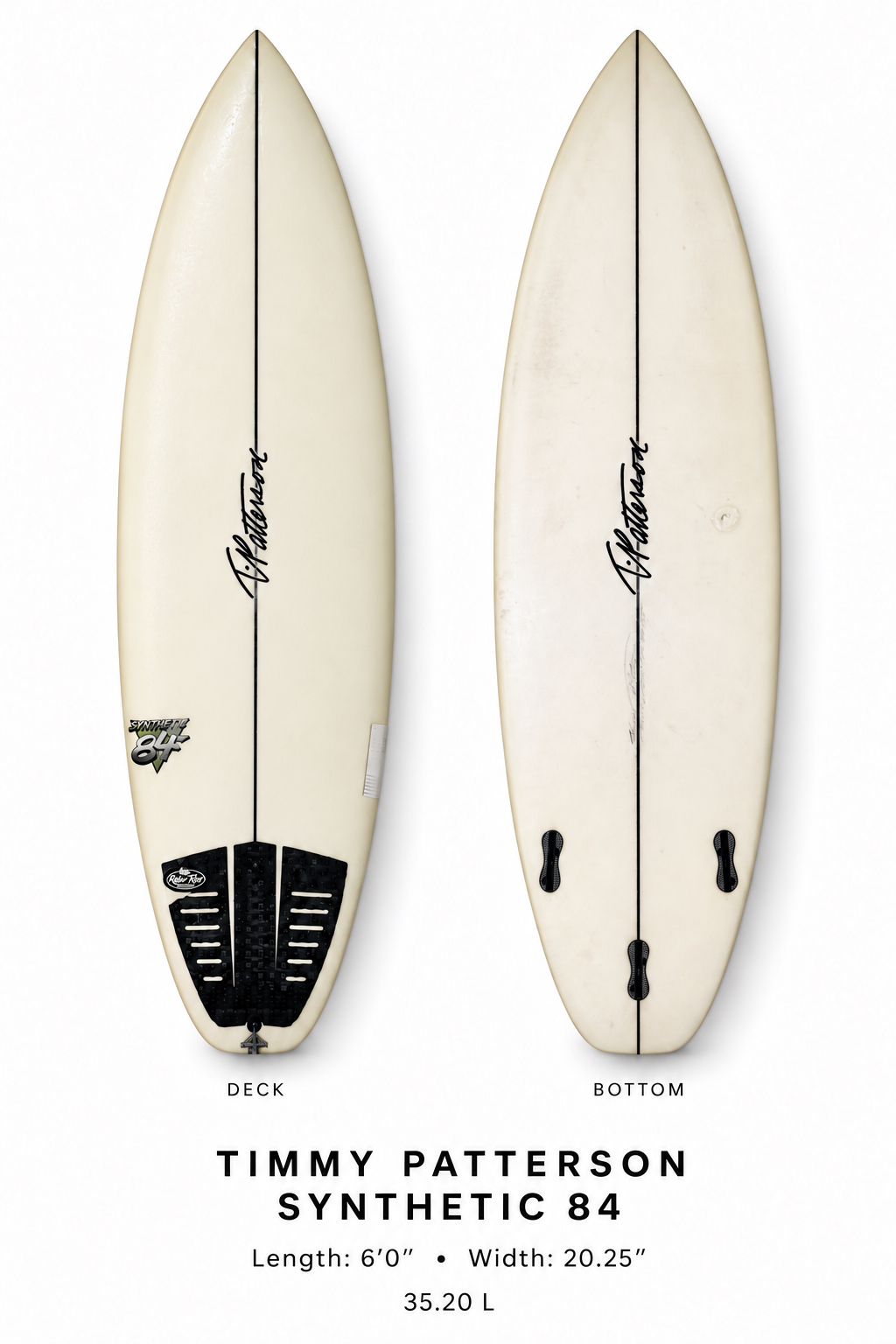 Timmy Patterson Synthetic 84 surfboard rental, 6 ft 0 in, deck and bottom view