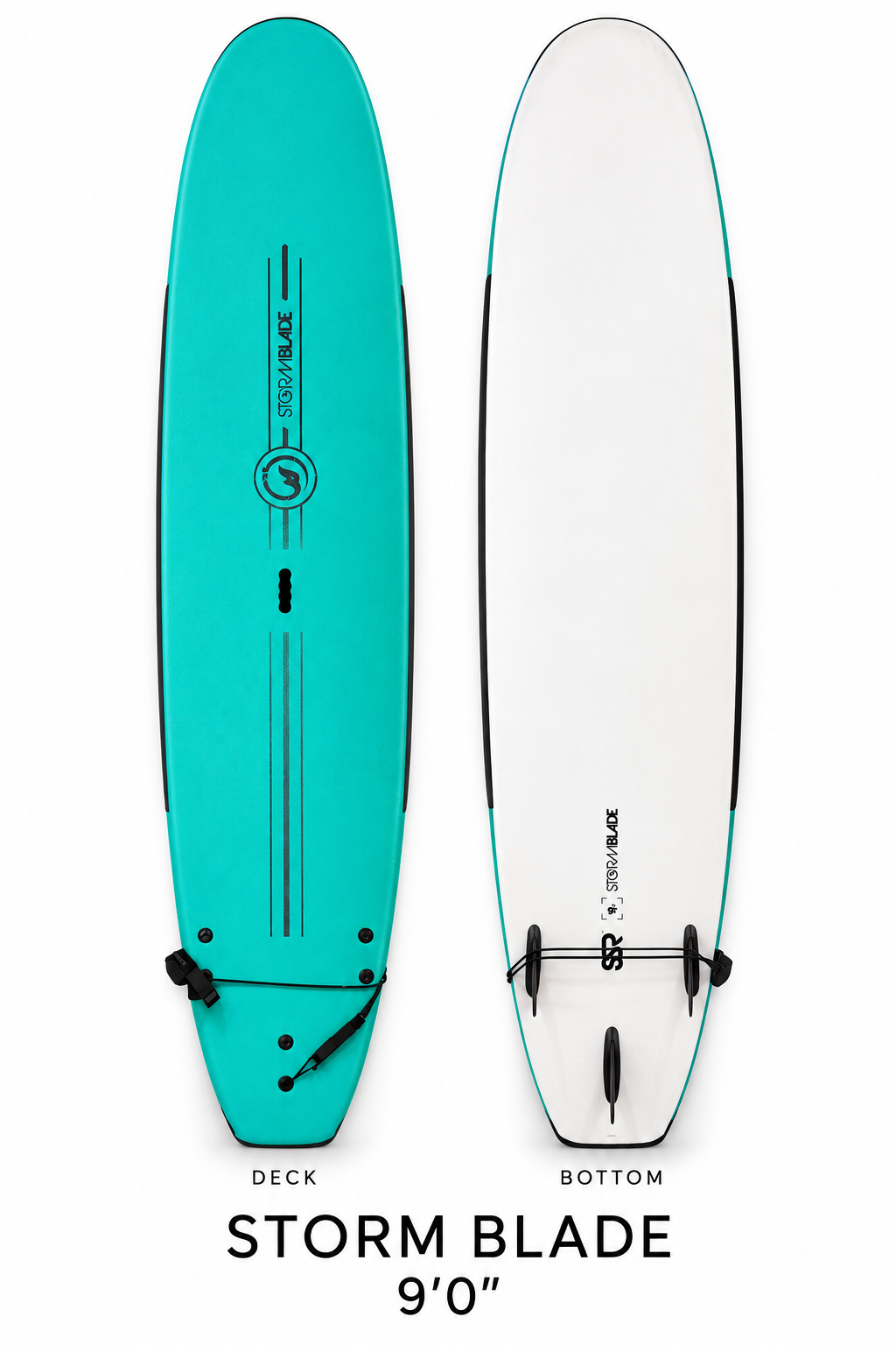 Storm Blade soft top surfboard rental, 9 ft 0 in, teal deck and bottom view