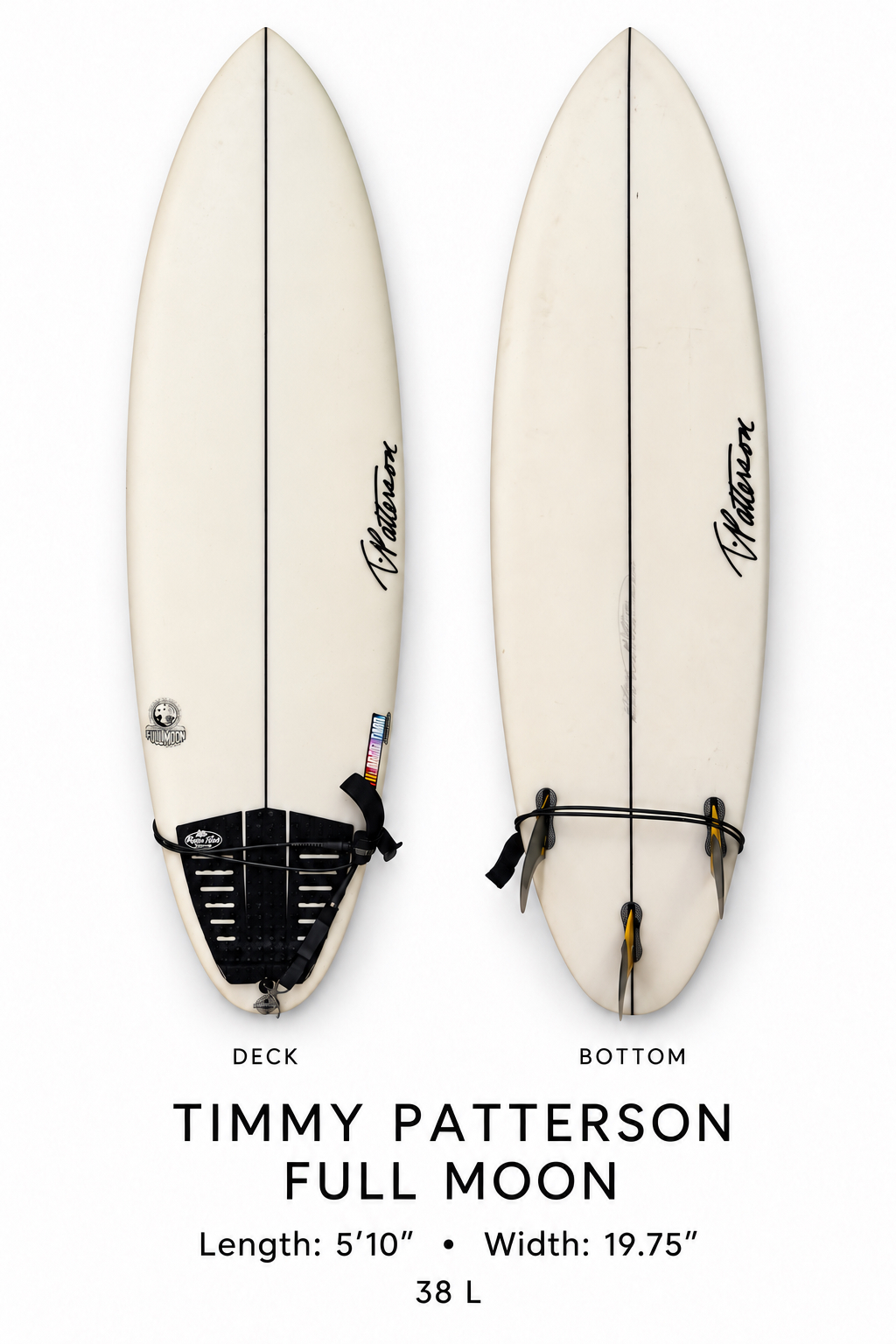 Timmy Patterson Full Moon surfboard rental, 5 ft 10 in, deck and bottom view